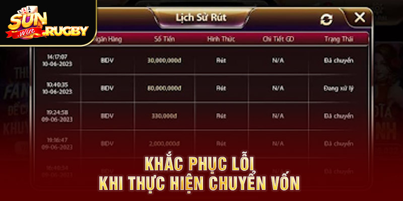 Khắc phục lỗi khi thực hiện chuyển vốn